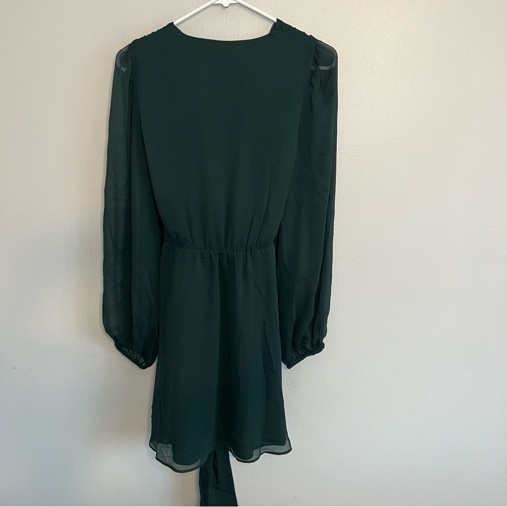 NWT Express Blouson Long Sleeve Tie Wrap Mini Dress Sz S Green Meshed Party - Picture 13 of 13